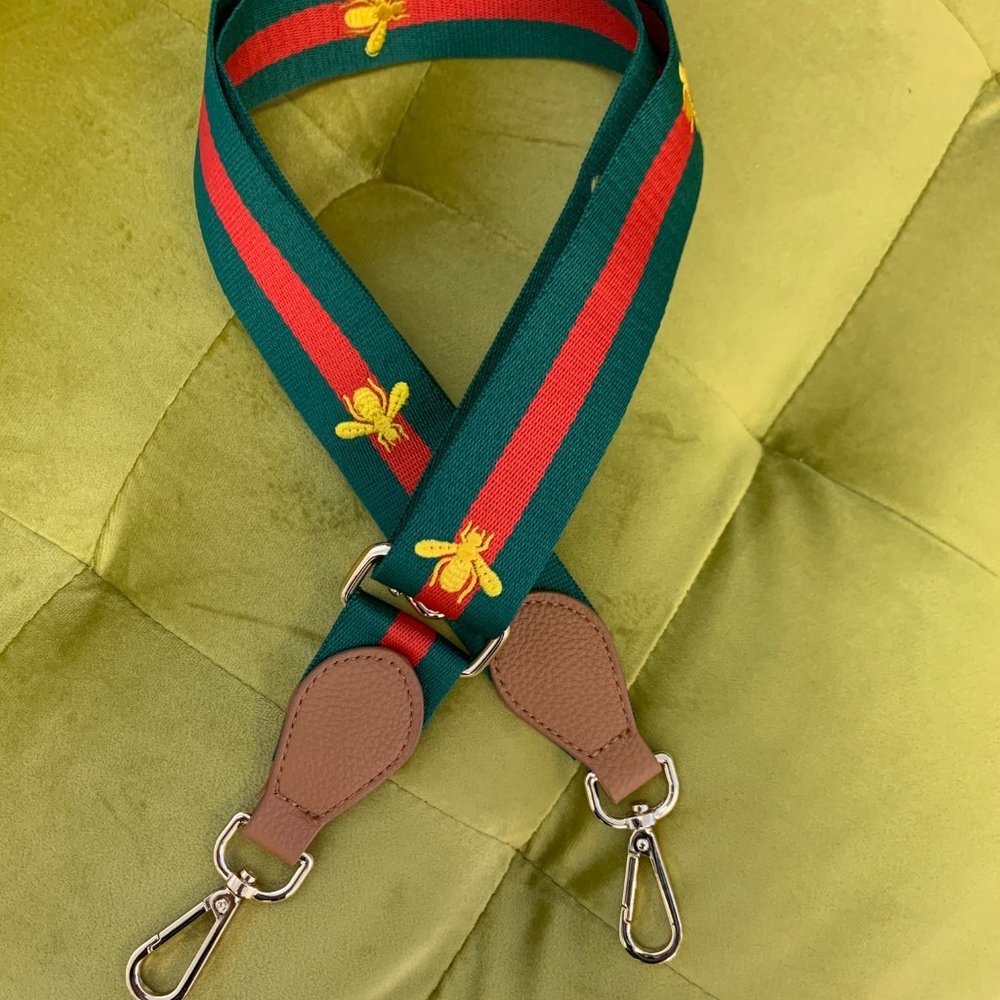 Handbag or Guitar Strap Green and Red Stripe Bees